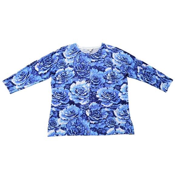 Isaac Mizrahi Live! Blue & White Floral Print Button Front Cardigan - Picture 1 of 9